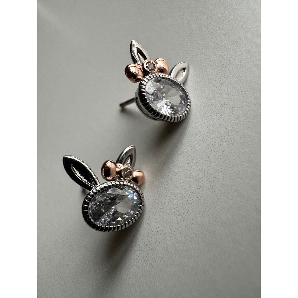 Sterling Silver 925 Bunny Rabbit Stud Earrings Rose Gold Bow Cubic Zirconia CZ